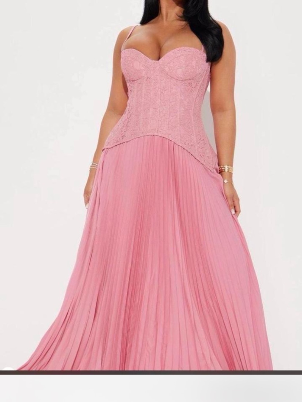Fashion Nova Blush Pink Lace Bustier Pleated Maxi Dress